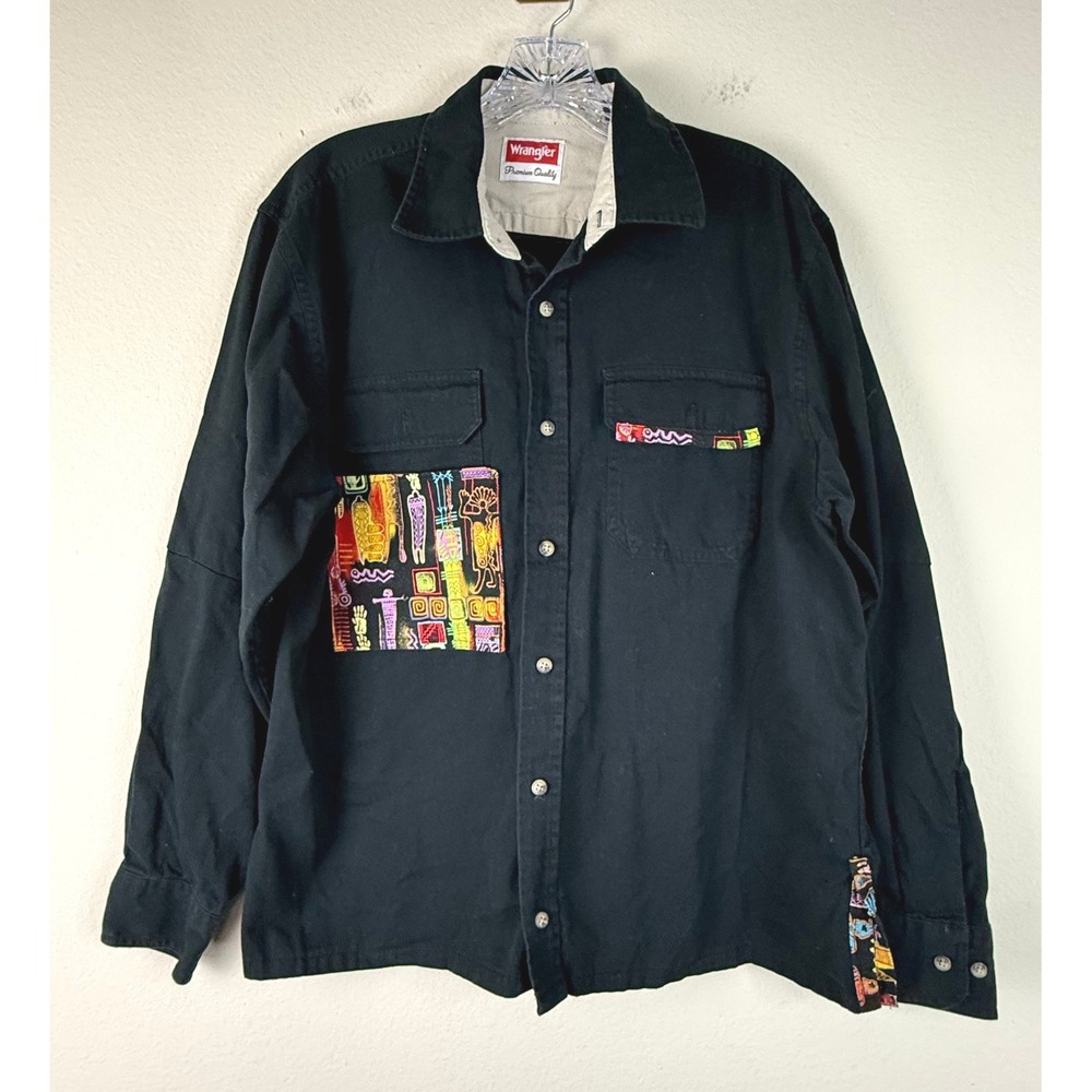 Wrangler Button Down Mens Medium Black Tribal Geometric Pattern Cotton Shirt